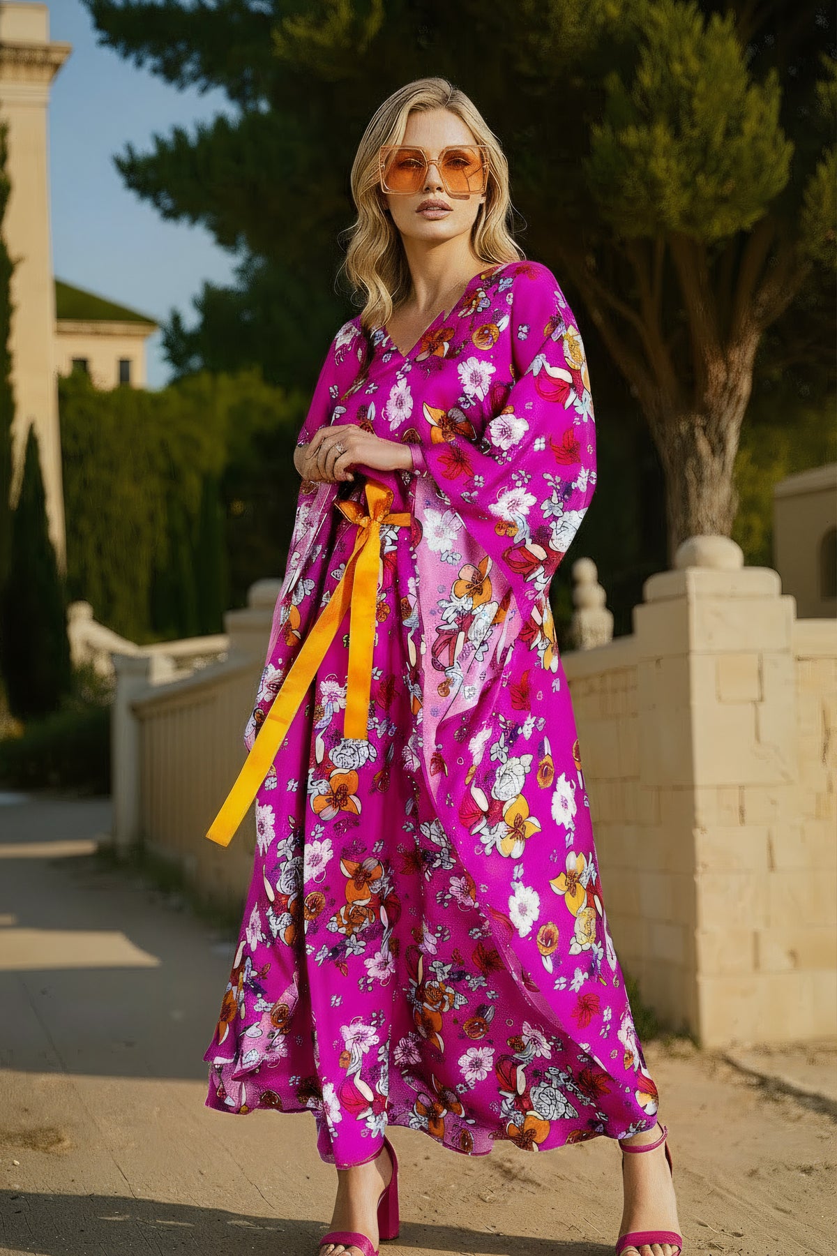 Lilies Silk Satin Kaftan